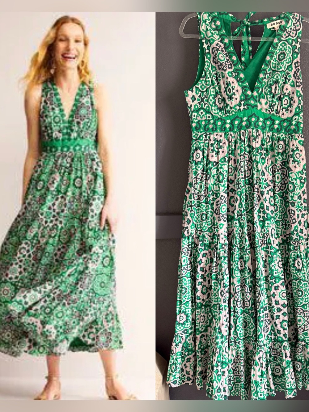 BODEN • NWT cotton maxi tie neck tank dress - 8 petite green white